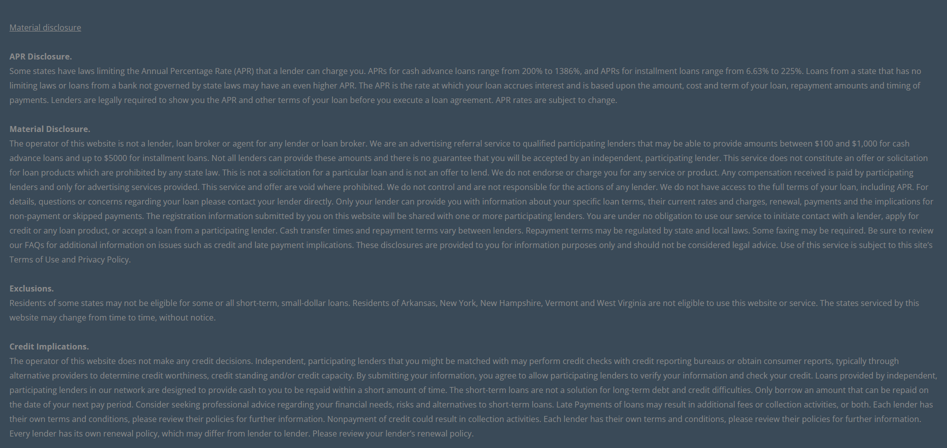 Material disclosure for payday loans in Boulder Colorado